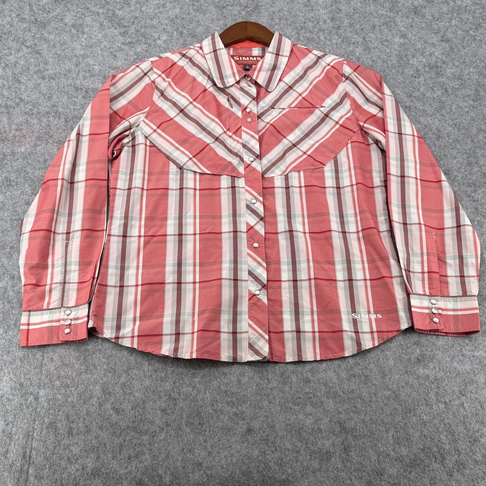 Simms Fishing Products Mens Large Red Plaid Western Snap Long Sleeve Shirt